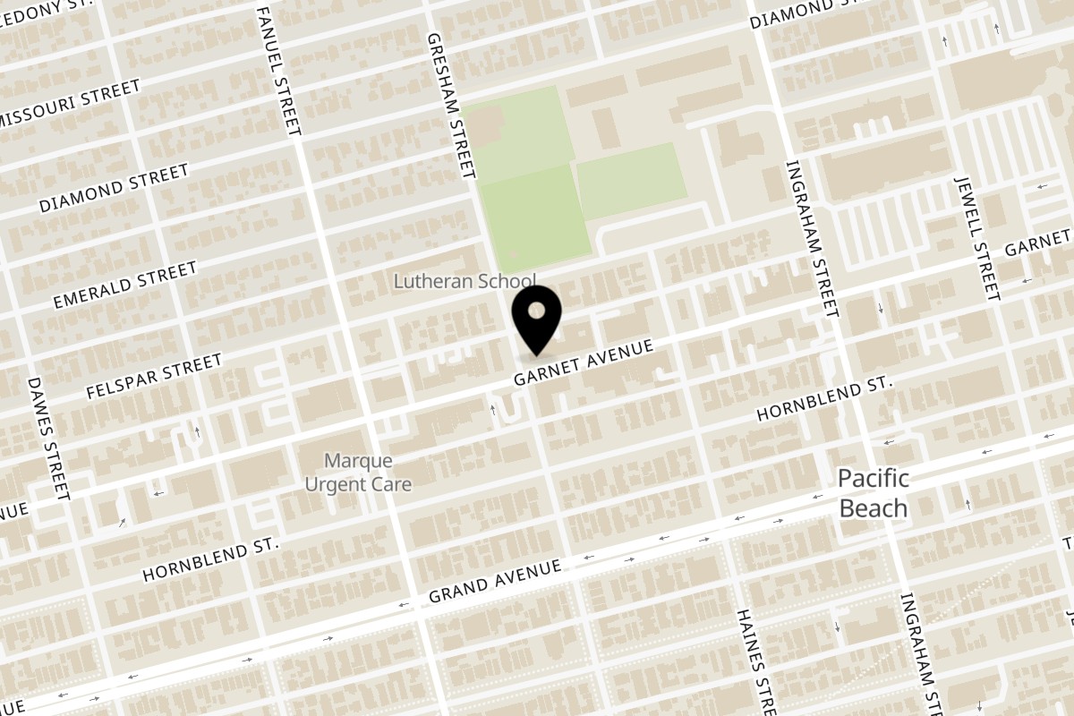 Map showing the location of Poke Chop Pacific Beach on 1404 Garnet Ave in San Diego